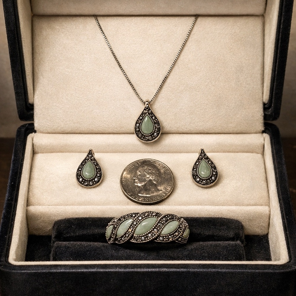 STERLING SILVER HEMATITE GREEN TURQUOISE 3 PIECE SET NECKLACE EARRINGS RING